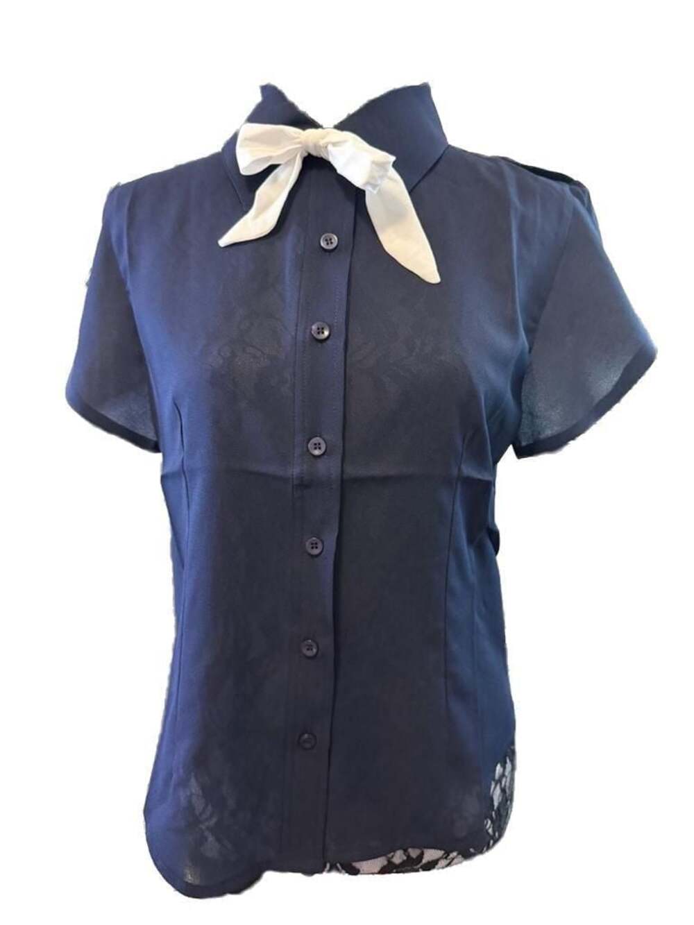 Tulip B Navy Bow Tie Blouse Button Front Short Sleeve Top Size Med NWT - Picture 2 of 5